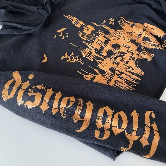 Disney Goth Cropped Boxy Hooded Sweatshirt Black With Orange Castle Halloween S - Picture 3 of 8